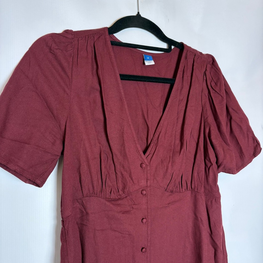 Old Navy Royal Velvet Dress Women's Medium Burgundy Red V Neck Button Front - Picture 2 of 7